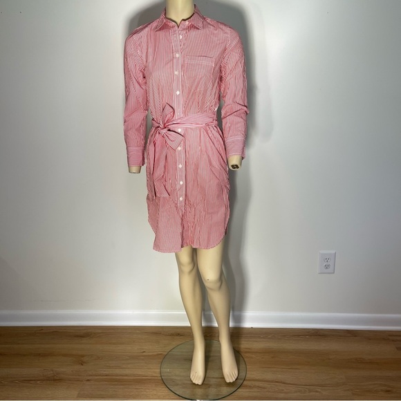 J.CREW Classic Red White Striped Belted Crisp Poplin Shirt Dress Size 0P - Picture 2 of 11
